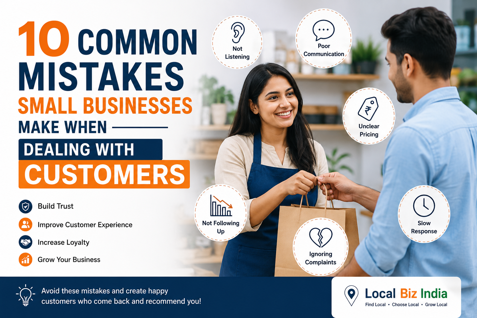 Small business owner serving a customer in a shop, illustrating 10 common mistakes small businesses make when dealing with customers.