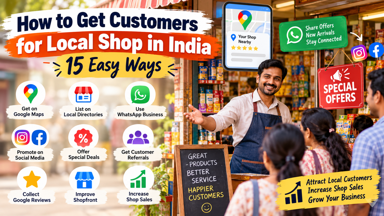 How to get customers for local shop in India with 15 easy marketing tips, including Google Maps, WhatsApp Business, social media, customer referrals, and special offers.