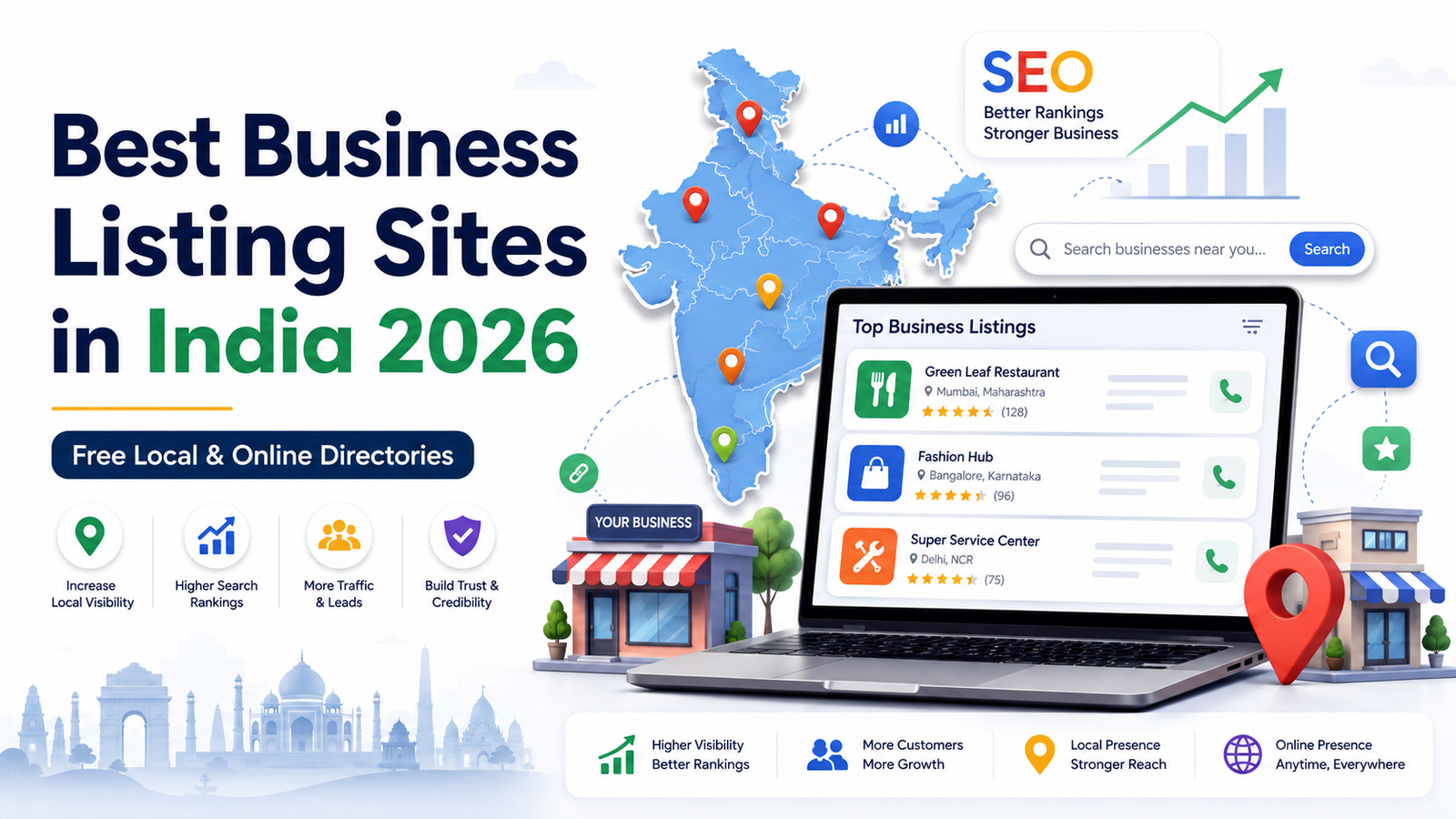 Best business listing sites in India 2026 featuring local directories, SEO visibility, business listings, and an India map with location pins.