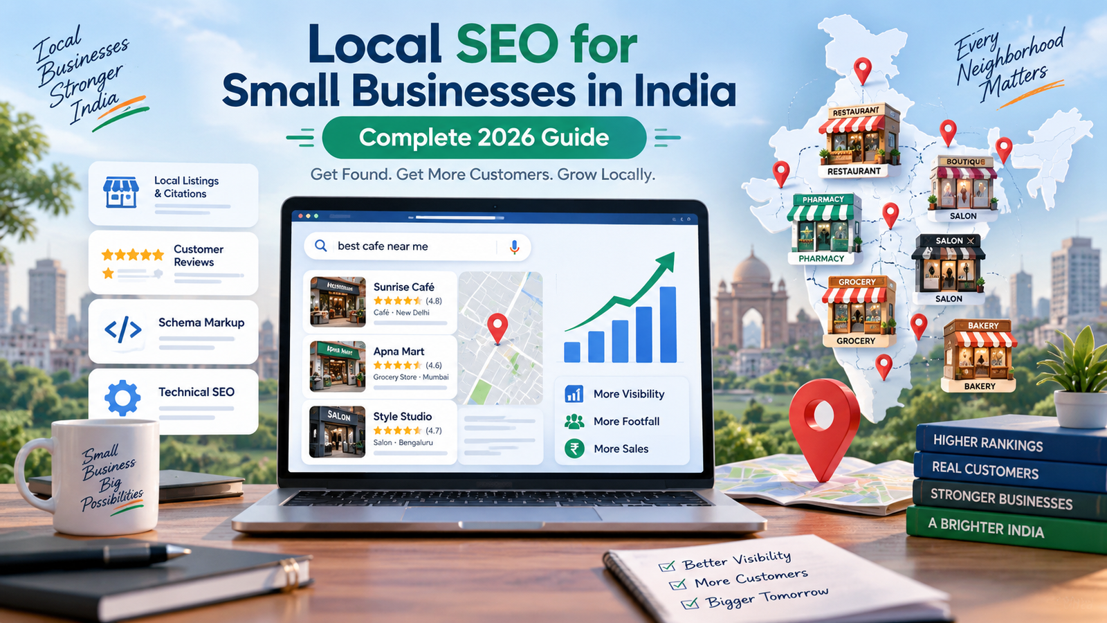 Local SEO for small businesses in India with Google Maps, local listings, reviews, schema markup, technical SEO and ranking growth.