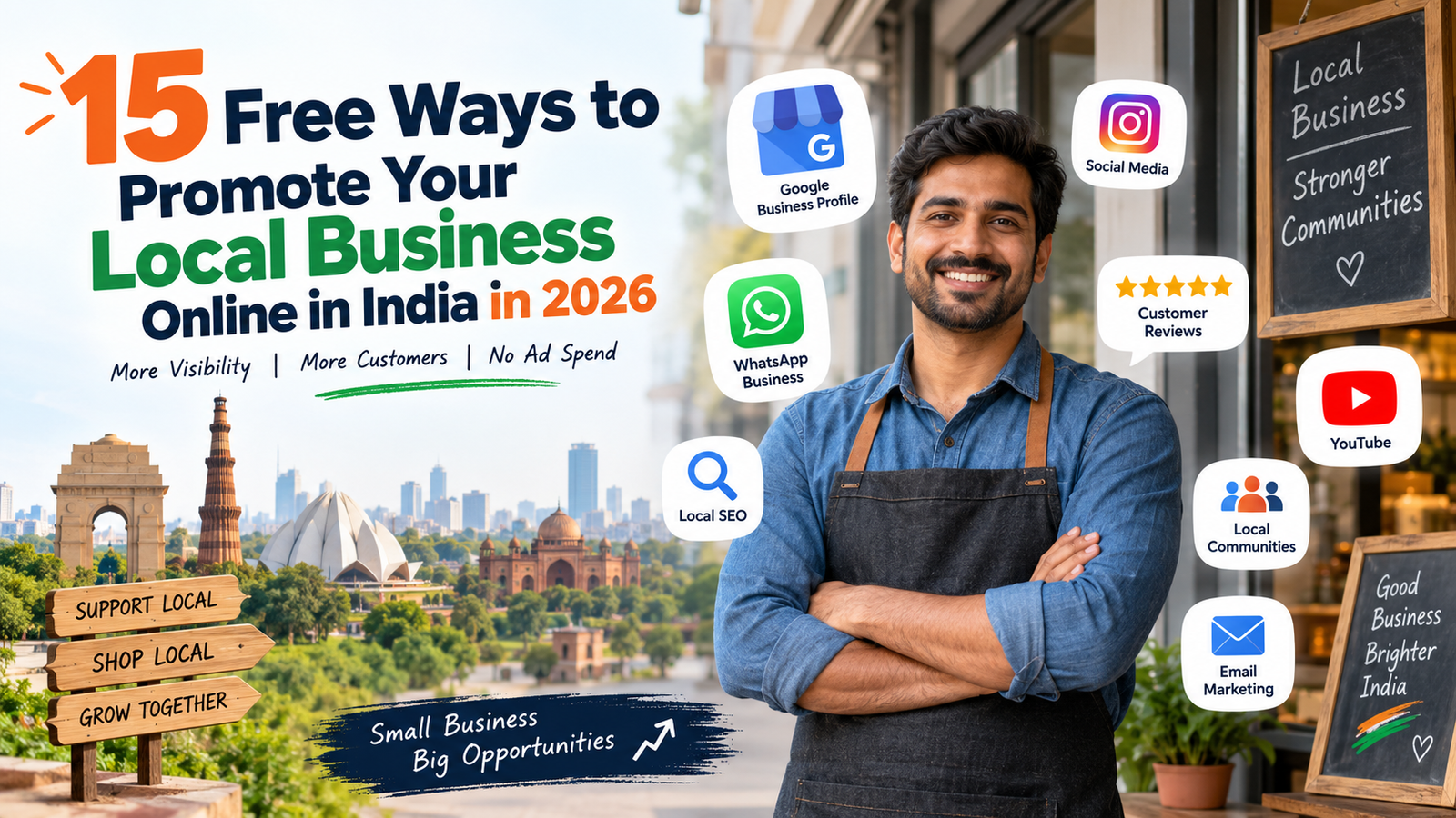 15 free ways to promote your local business online in India using Google, WhatsApp, social media, local SEO and reviews