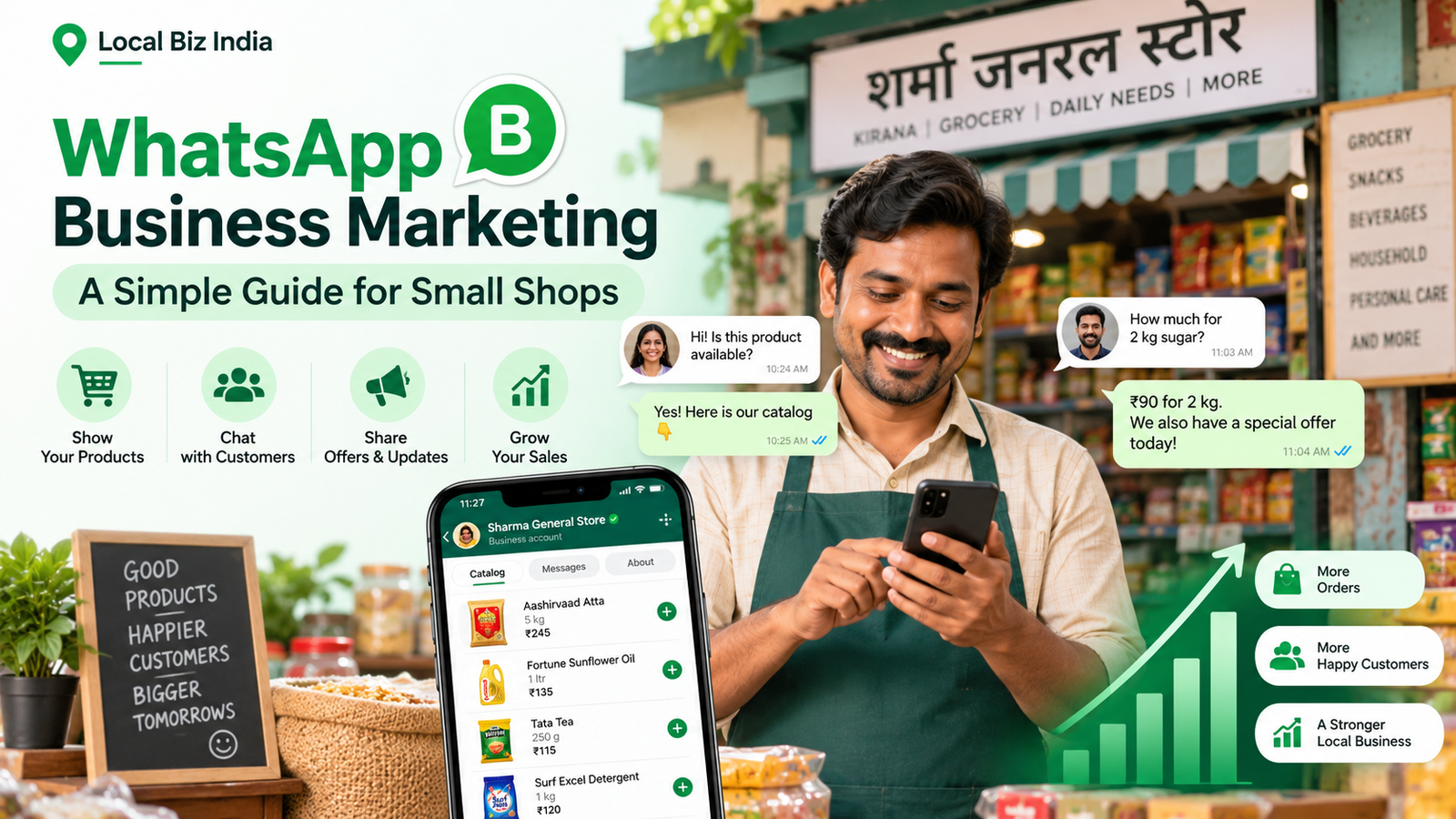 Indian small shop owner using WhatsApp Business marketing to showcase products, chat with customers, promote offers, and grow local business sales.